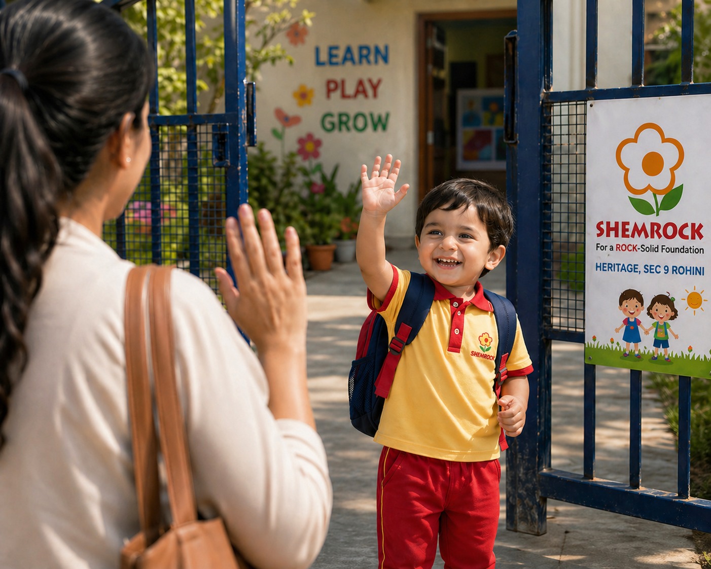 Caring teacher at SHEMROCK Heritage Rohini comforting a child during the settling-in period
