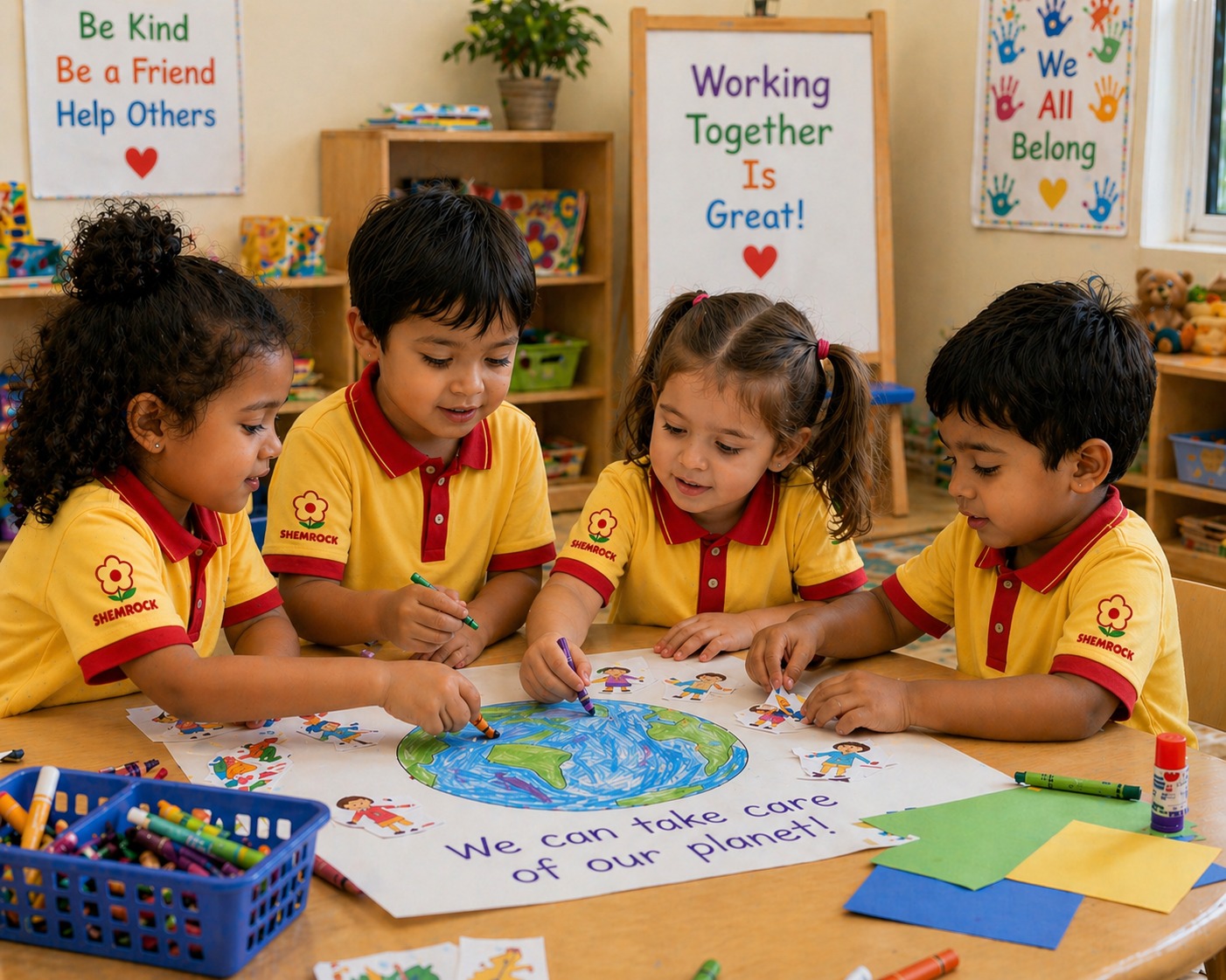 Toddlers doing a group activity at SHEMROCK Heritage preschool Rohini, illustrating peer-based learning in early childhood education