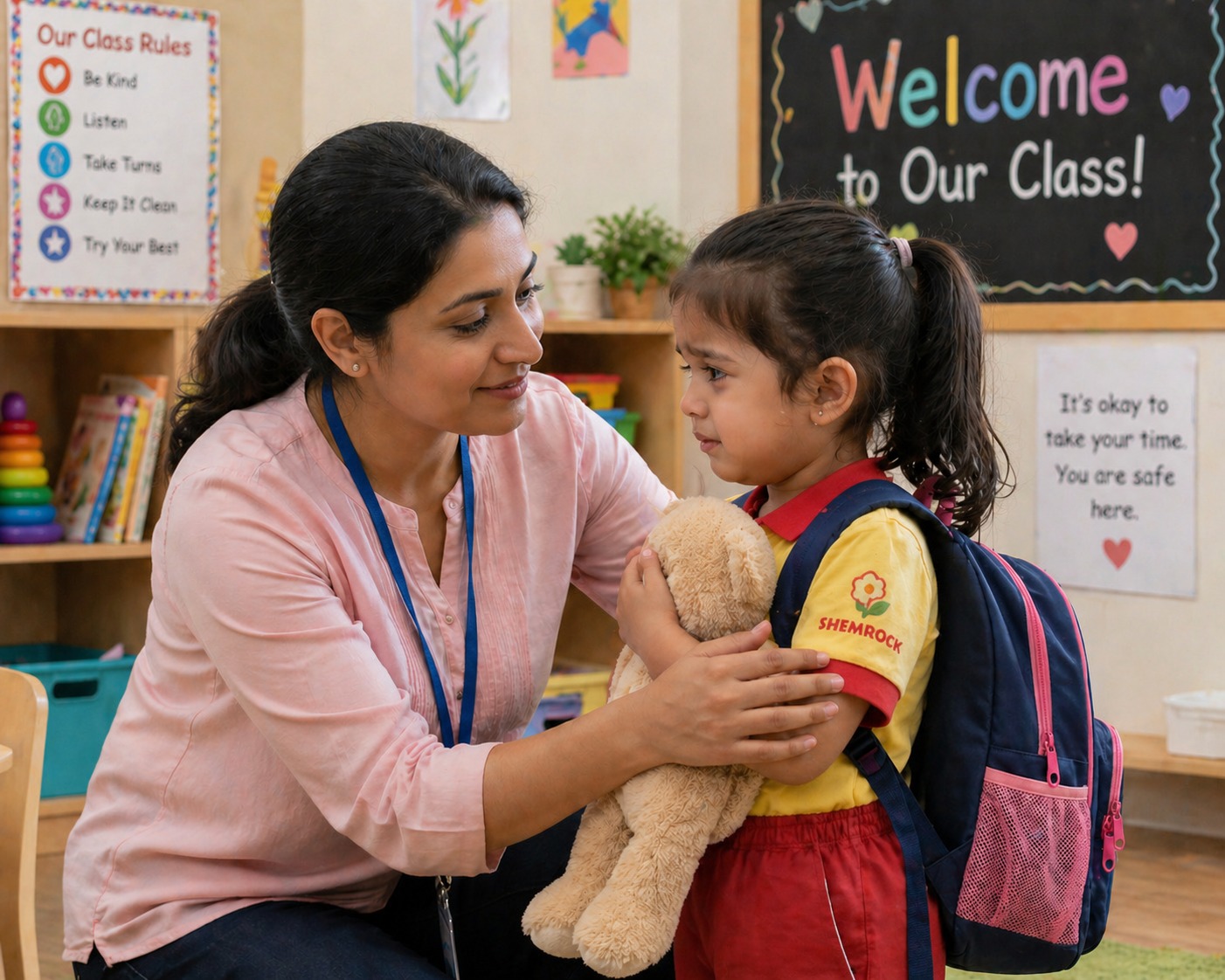 Caring teacher at SHEMROCK Heritage Rohini comforting a child during the settling-in period