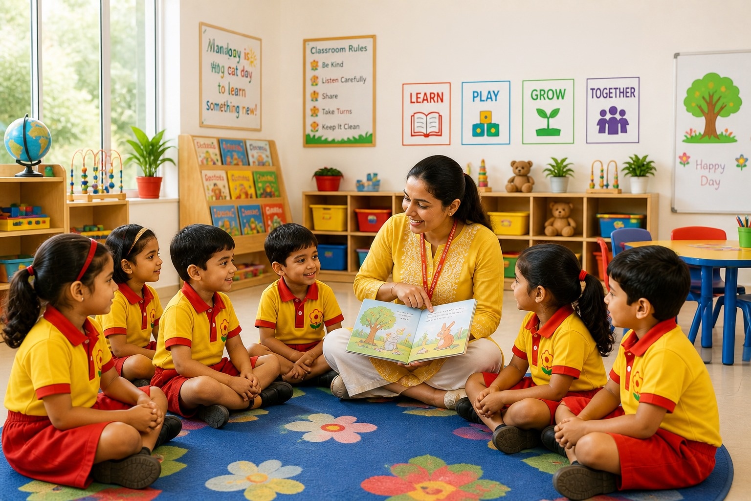 Teacher reading story to preschool children at SHEMROCK Heritage Rohini classroom